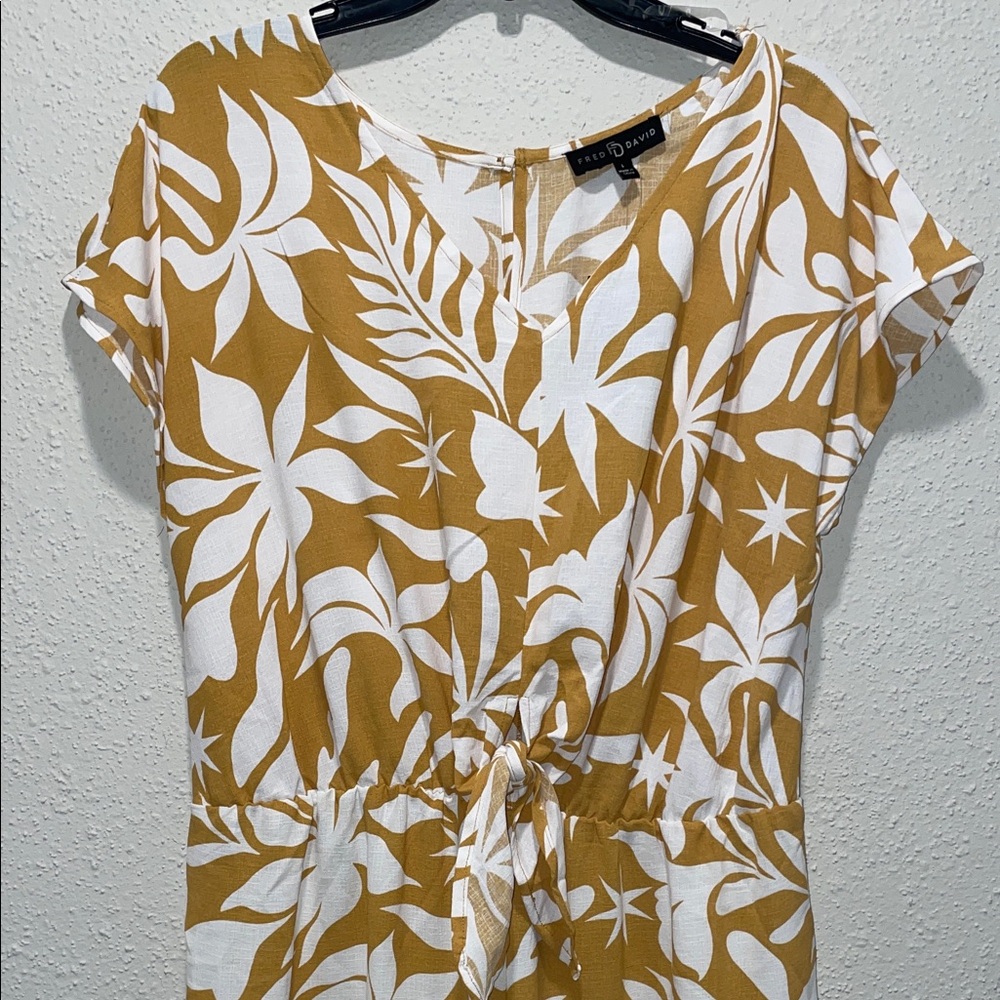 Fred David Mustard and White Leaf Pattern Jumpsuit